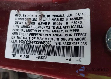 2019 Honda Civic Lx z USA, uszkodzony, nr VIN 19XFC2F6XKE046373